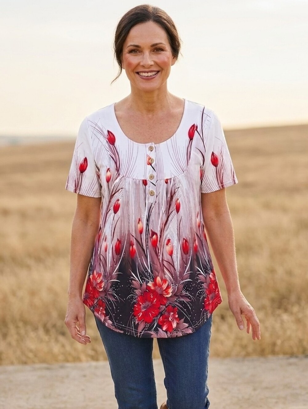 Hof Red Tulip Floral Pleated Henley Top Size Large